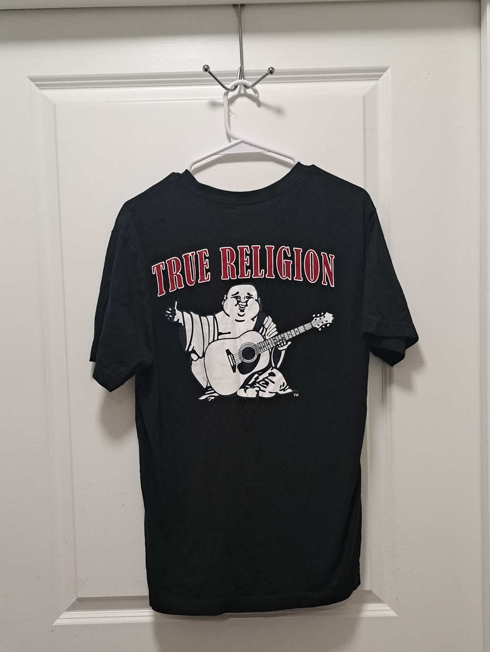 True Religion Black Tee with Red Logo and White Buddha Graphic